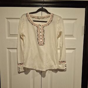 Lucky Brand White Top with Pink and Black Embroidery